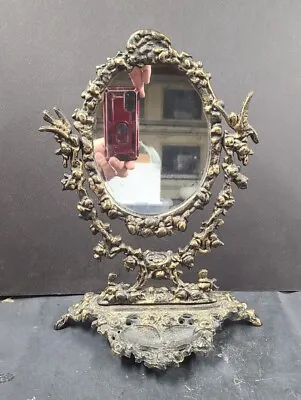 Espejo De Tocador De Latón Dorado De Colección Adornado Cuento De Hadas Marco Ovalado Victoriano Soporte De Joyería • 92.09€