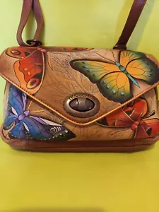 ANUSCHKA Tasche echt Leder handbemalt verstellbarer Gurt Schmetterlinge Vintage - Bild 1 von 21