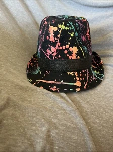 Girls Fedora Justice Black Abstract Multi Hat One Size Neon splatter paint retro - Picture 1 of 6