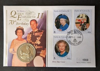 1996 Queen's 70th Birthday Coin FDC - $5  & Grand Turk Pmk - Image 1 of 4