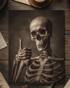 Biglietto di ringraziamento vintage vittoriano scheletro pollice in su macabro - Foto 1 di 4