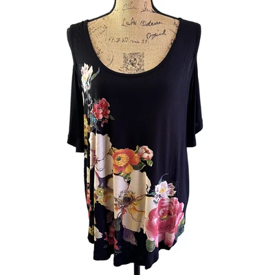 Camiseta túnica fluida hombro frío con cuentas florales negras Desigual para mujer talla M Foto 1 de 4