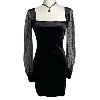 Mini vestido de veludo feminino vintage sem palavras tamanho M transparente manga bolinhas gótico vamp - Imagem 1 de 4