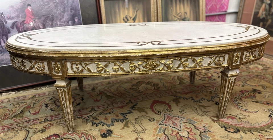 Antique Coffee Table French Louis XVI Gold Gilt Carved Wood Frame w /Marble Top - Image 1 of 4