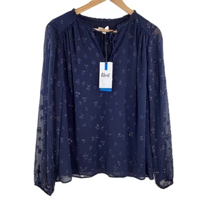 Khost Navy Mesh Layered Metallic Woven Star Print Tie Neck Blouse UK 16 NWT £49 - Picture 1 of 9