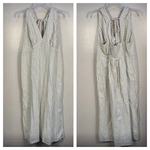 Old Navy Gingham Linen Blend V Neck Tie Midi Dress Natural Coastal Beige XLP - Picture 1 of 10