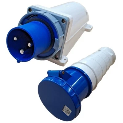 125 Amp 230V Appliance Socket and Coupler Socket Set 3 Pin Waterproof IP67 Blue - Image 1 of 3