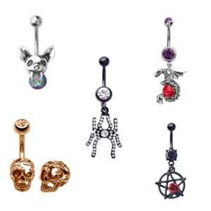 5 - 14 GA 3/8" Spider Skull Dragon Pentagram Belly Button Navel Dangle Ring B632 - Picture 1 of 9