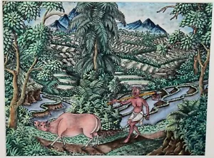 Indonesian Balinese Ubud Agricultural Folk Art Watercolor Print Vintage Original - Picture 1 of 9