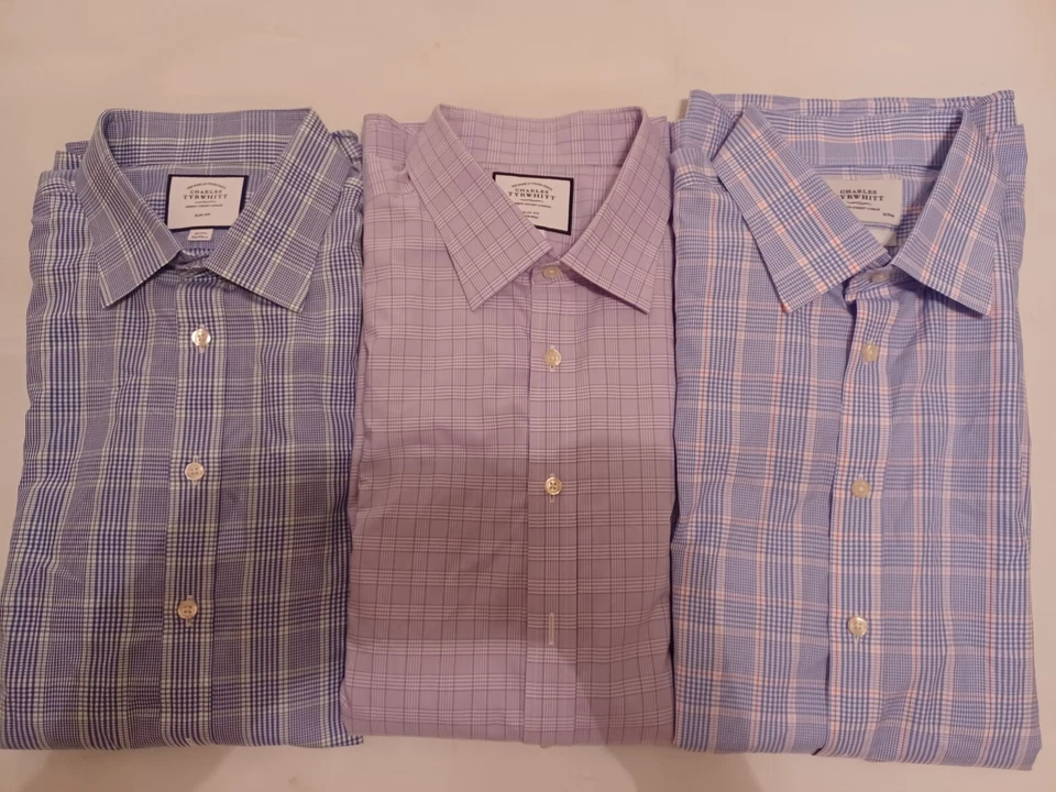 Lote (3) Camisa de Vestir Charles Tyrwhitt Para Hombres 18 37 Puño Francés Calce Ajustado Cuadros Foto 1 de 4