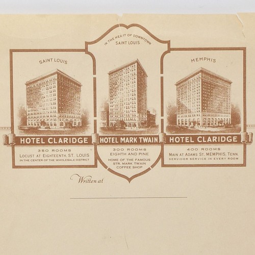1920s Hotel Claridge Mark Twain Saint Louis Memphis Note Page ...