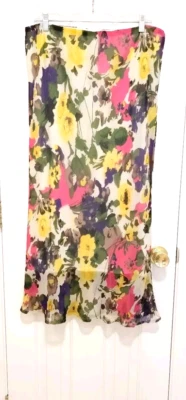 NEW Cato SHEER LINED A Line Flare Long Skirt XL Pink Green Yellow Floral Pull On - Image 1 of 4