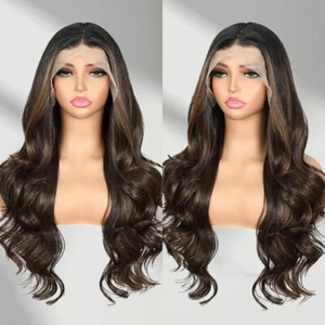 *Synthetic 26 Inch Highlight Lace Front Wig 13x4 Body Wave 150% Dark Brown Daily - Picture 1 of 6