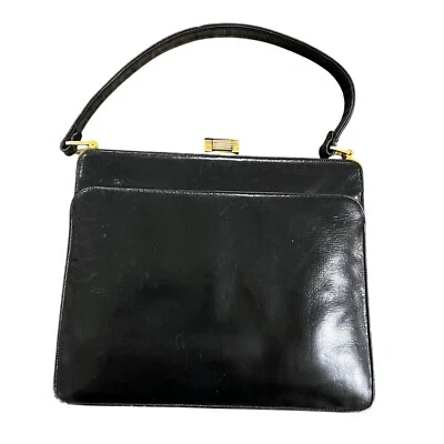 Koret Vintage Black Leather Handbag With Gold-Tone Clasp & Adjustable Strap - Image 1 of 4