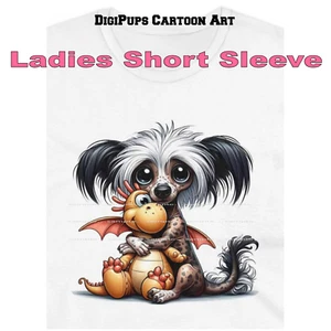 DigiPups Chinese Crested Dog Stuffed Dragon Toy Hug Cartoon Ladies T Shirt - Picture 1 of 4