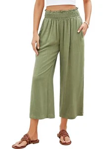 Women's High Waisted Wide Leg Capri Pants Palazzo Trousers with Elastic Waist # - Picture 1 of 30