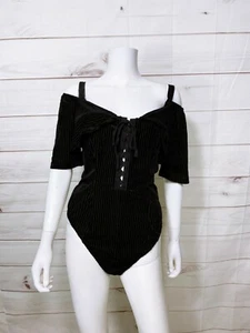 A.E.LY Los Angeles Womens Velvet Bodysuit Size L Black Leotard Cold Shoulder - Picture 1 of 7