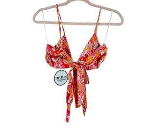 Costume da bagno donna Shareen nuovo con etichette taglia 12 rosa arancione fantasia cravatta davanti bikini top - Foto 1 di 6
