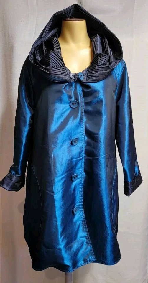 UBU Reversible Iridescent Pleated Hood Raincoat Button Front Navy Teal Sz PS - Image 1 of 4