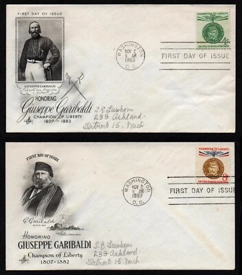 USA, SCOTT # 1168-1169, SET OF 2 ARTCRAFT FDC COVERS GIUSEPPE GARIBALDI 1960 - Image 1 of 3