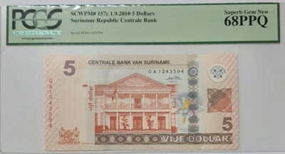 2010 Suriname 5 Dollars PCGS68 PPQ SUPERB GEM NEW {P-157c} - Image 1 of 4