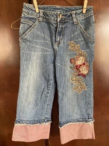 Vtg Mary Kate & Ashley Jeans Girls Size 10 Retro Embroidered Floral Capri - Picture 1 of 6