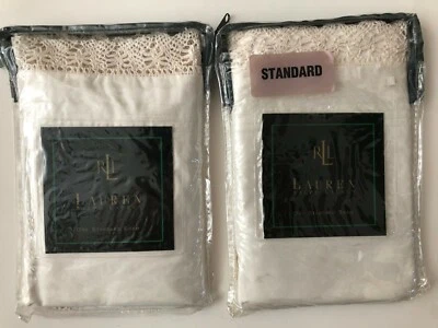 NUEVO VINTAGE RALPH LAUREN HIGHFIELDS PINTUCK CREMA BORDE GANCHILLO 2 FUNDAS ESTÁNDAR Foto 1 de 4