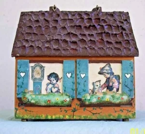 Vtg June Decoupage Purse Cottage House Children Handbag Wooden Handle - Picture 1 of 10
