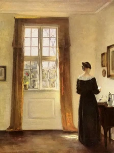 Oil painting carl vilhelm holsoe - woman in interior by table in the morning art - Picture 1 of 1