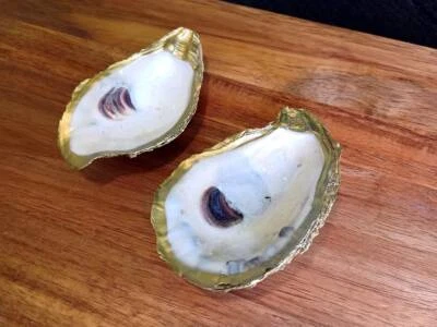 Two Decorative Florida Oyster Shell Ring Dishes - White & Gold, Beach Decor - Image 1 of 4