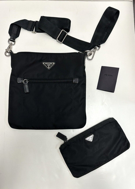 AUTHENTIC PRADA NYLON CROSSBODY ZIPPER BAG, BLACK, H: 10” X W: 12.25”