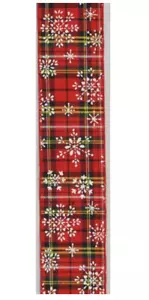 10yd Roll 'Tartan Snowflakes' Fabric Wire Edge Christmas Ribbon 2.5in Wide - Picture 1 of 1