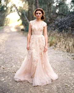 Champagne Lace V-Neck Cap Sleeve Wedding Dress Size 10 - Picture 1 of 10
