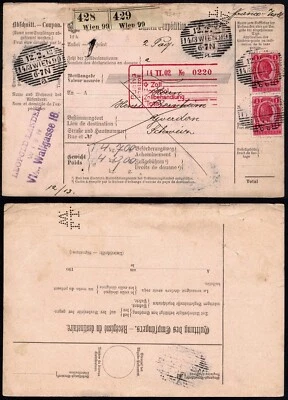 1902 Austria parcel card 2×1Kr to Switzerland Wien Yverdon - Image 1 of 3