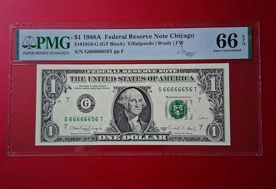 $1 1988A Near Solid Serial Number Federal Reserve Bank Note Bill UNC66 #66666656 - Image 1 of 4