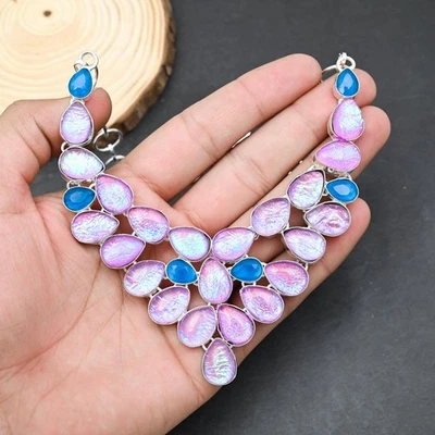 Collana gioiello in argento sterling 925 calcedonio opale tripletta viola 18" - Immagine 1 di 4