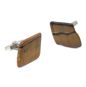 Tigers Eye Cufflinks Pair Polished Stone Diamond Shape Mens Accessories Natural - Picture 1 of 8