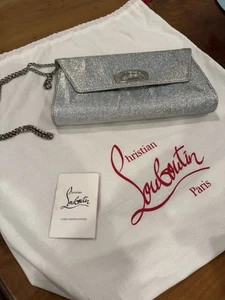 AUTHENTIC Christian Louboutin Vero Dodat Glittery Silver Sparkle Clutch w Chain - Picture 1 of 24