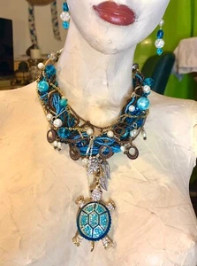 OOAK Blue Turtle Reworked Jewelry Collage Artisan Statement Necklace Earring Set - Picture 1 of 15