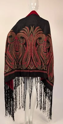 EDWARDIAN ORNATE PAISLEY + RED VELVET CAPE W SILK RIBBON FRINGE BOTTOM - Image 1 of 4