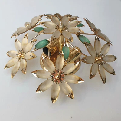 VINTAGE GILT FLUSH MOUNT CEILING LIGHT FIXTURE GLASS FLOWERS PRISMS SHABBY CHIC - Image 1 of 4