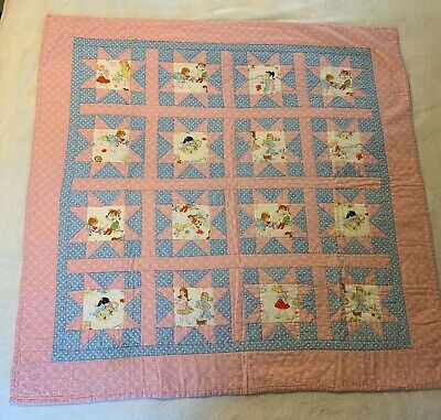 Vtg Handmade Baby Girl Toddler Quilt Crib Blanket Throw Patchwork Pink Blue Star • 38€
