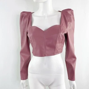 Zara Pink Faux Leather MARSALA Size M Top Puff Sleeve Crop Blogger Favorite NEW - Picture 1 of 12