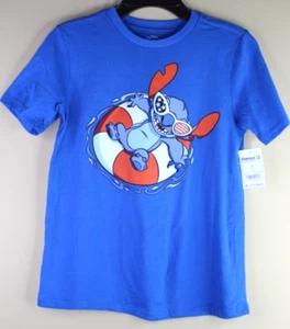 Disney Stitch Pool Float Patriot Boys Blue T-Shirt Size M (8) - Picture 1 of 5