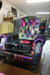 New Chesterfield Wing Chair in Colourful Patchwork Fabric with Warranty - Picture 1 of 1