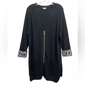KENZO Paris Knit Logo Printed Cuff Detail Zip Front Long Cardigan Sweater Black - Picture 1 of 14