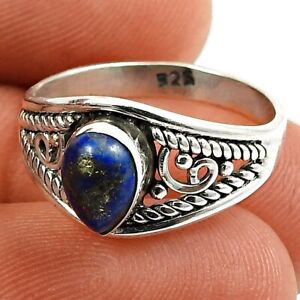 Natural Lapis Lazuli Gemstone 925 Sterling Silver Ring Size M 1/2 Jewellery V41