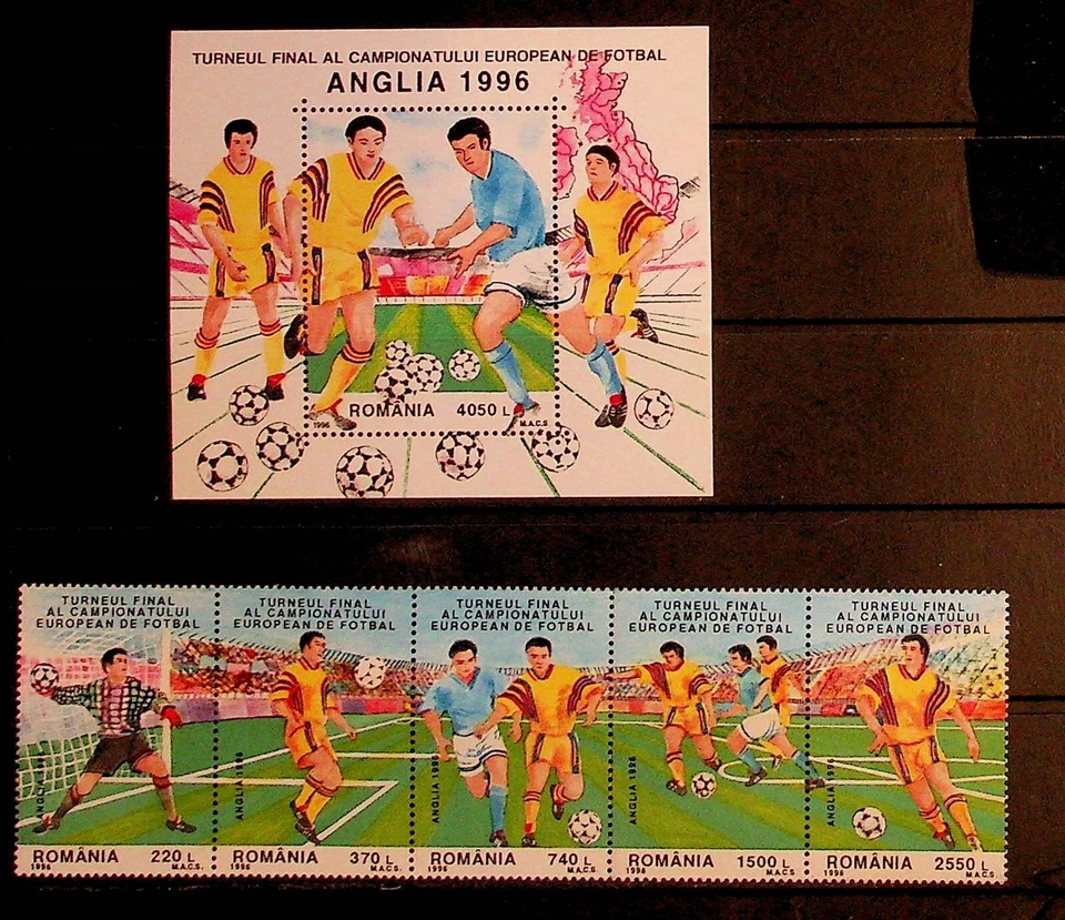 ROMANIA Sc 4108-9 NH STRIP+SOUVENIR SHEET OF 1996 - SOCCER WORLD CUP  - Image 1 of 1