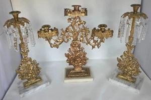 Antique French Gilt Brass Candelabra Set Marble Base Crystal Prism Candle Holder - Picture 1 of 23