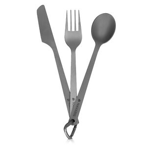 Titanium Lightweight Camping Cutlery Set for One with Carabiner and Carry Bag